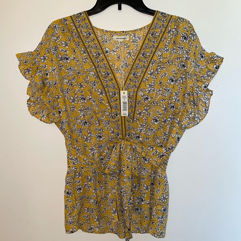 Max Studio - Yellow Front Tie Floral Blouse (BRAND NEW WITH TAGS) Size: Large